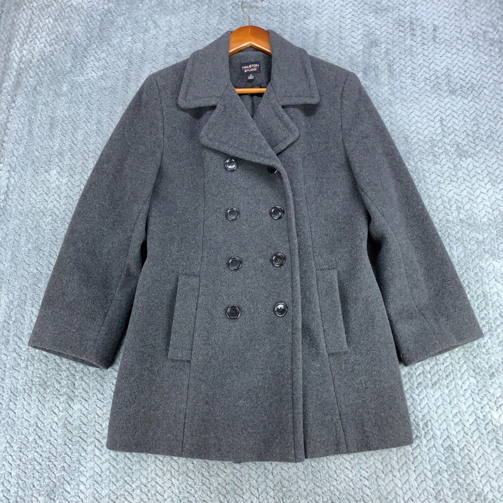 Halston Studio Womens Gray Wool Cashmere Blend Pea Coat Jacket Charcoal Size 8